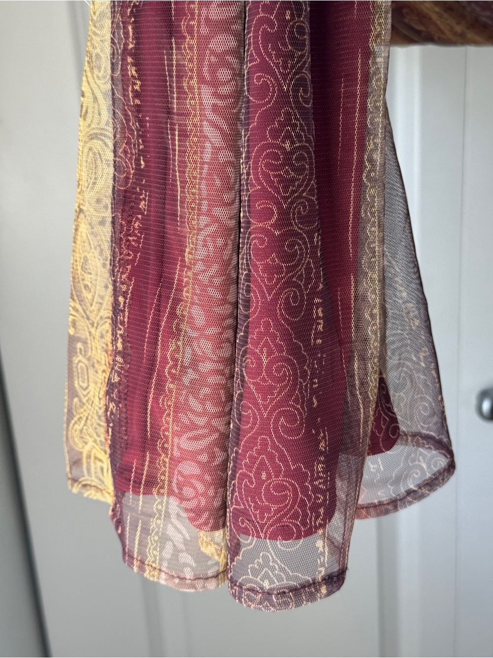Vintage Y2K Boho Maxi Slip Dress Burgundy Gold Damask Scroll Stripe Mesh Size M - Picture 7 of 12